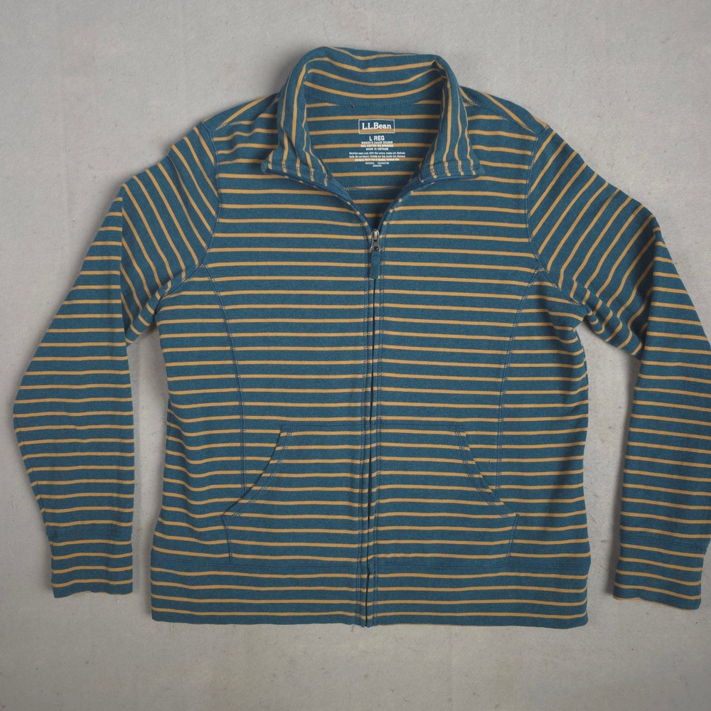 LL Bean Striped Full Zip Jacket Teal Gold Cotton‎ Blend Comfy Size L